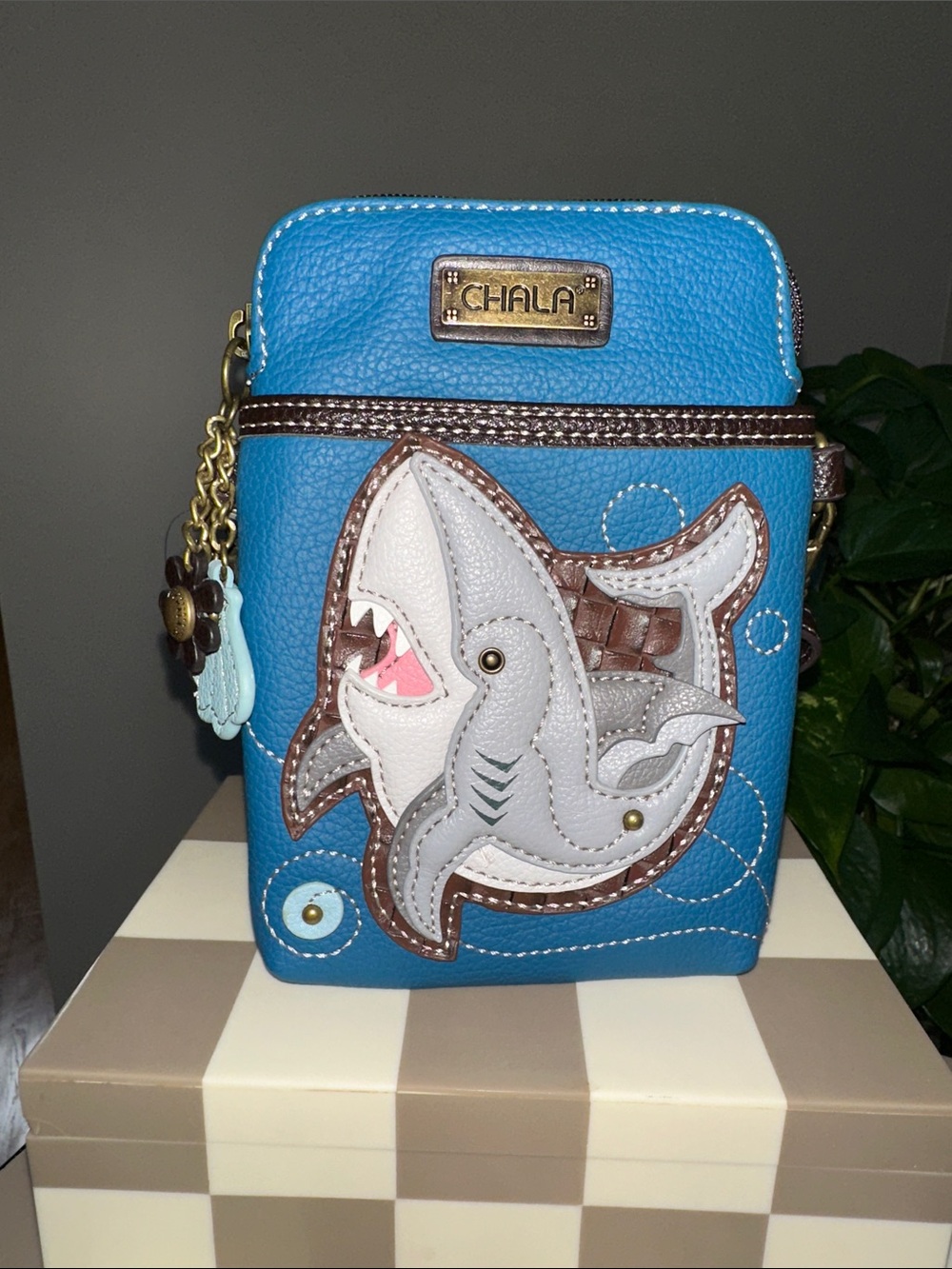 Chala Blue Shark Applique Crossbody Bag with Brown Trim 🦈 NWOT